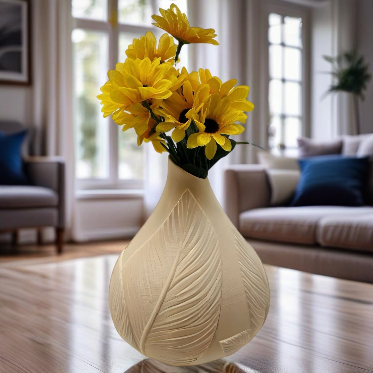 3D printed cream vase with raised leaf wrap design