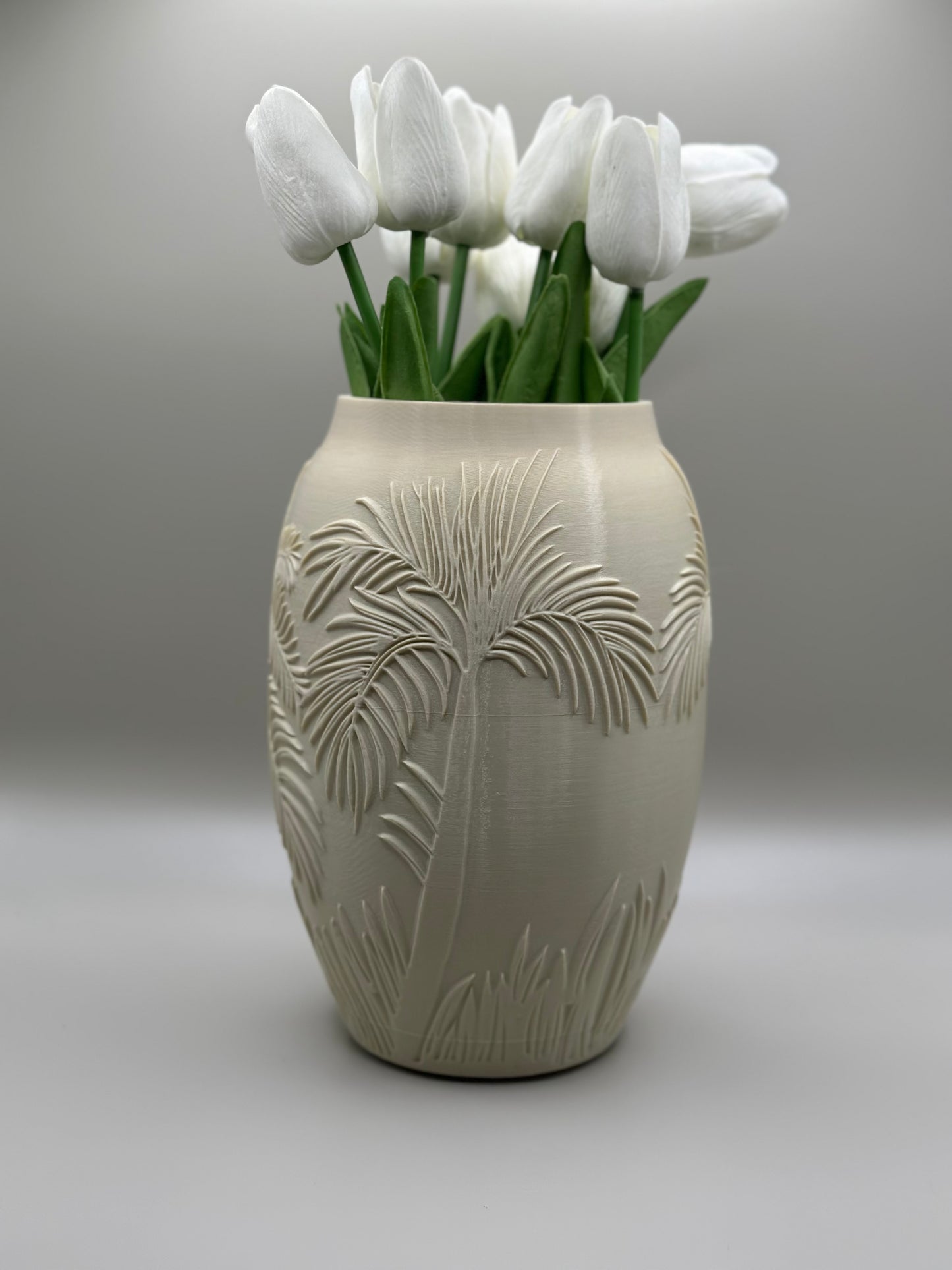 Tropical decor vase in soft beige with palm design