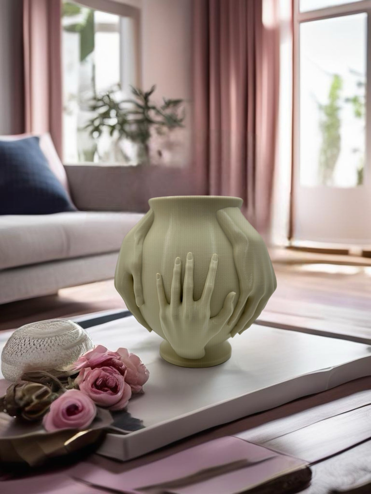 Small 3D printed vase held by sculptural hands, emotional modern decor