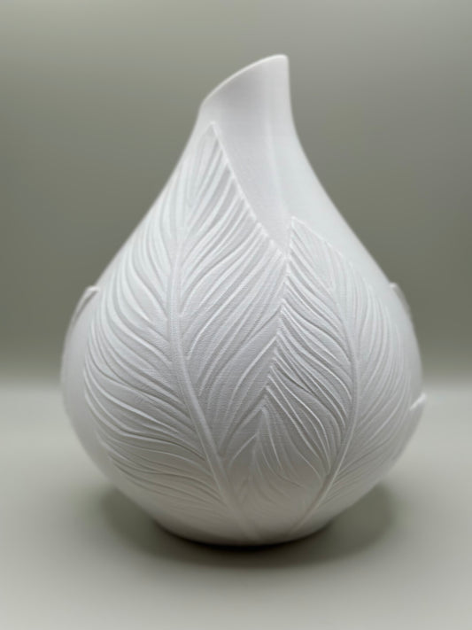 3D printed cream vase with raised leaf wrap design