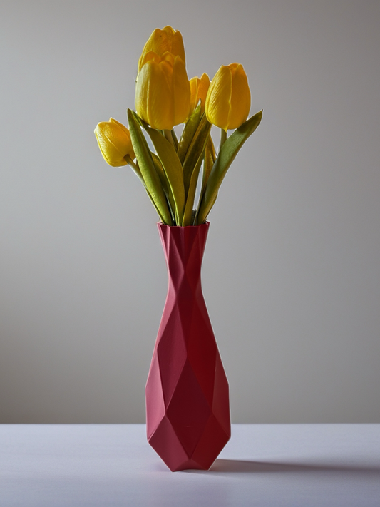3D printed slim vase with faceted geometric design styled with tulips