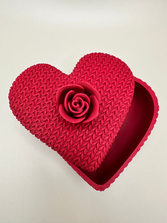 3D printed heart-shaped box with textured surface and rose detail