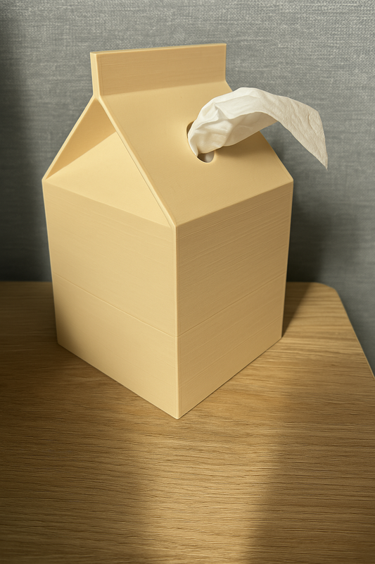 Creative 3D printed milk box-shaped tissue holder for fun and modern home decor.