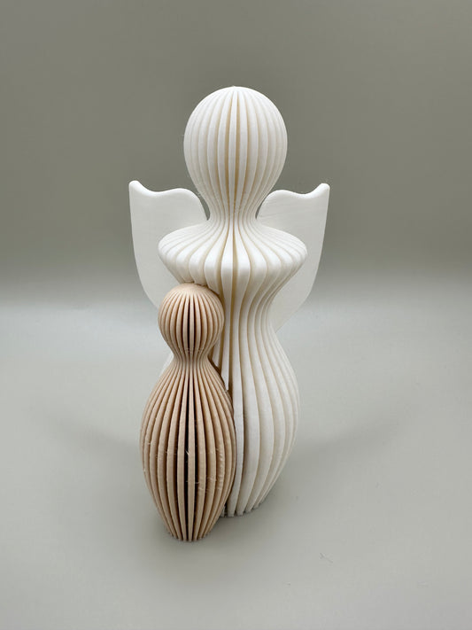 3D printed sculpture of a mother angel embracing a child in minimalist design